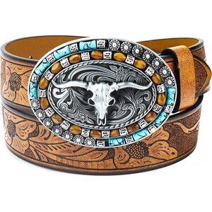 Women's Western Cowboy Belt PU Leather Longhorn Bull Turquoise Embossed Buckle